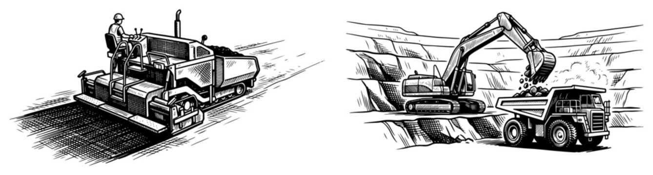 Heavy construction machinery including road paver and excavator loading dump truck in quarry engraving style