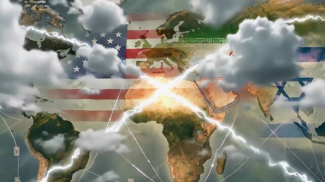 America, iran, israel flag over world map showing dark storm cloud lightning strike bright explosion representing global military conflict economic crisis geopolitical war tension middle east
