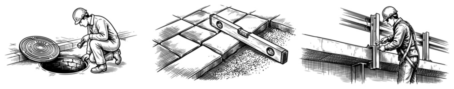 Construction workers inspecting manholes and installing railings with spirit level on pavement vintage drawing style
