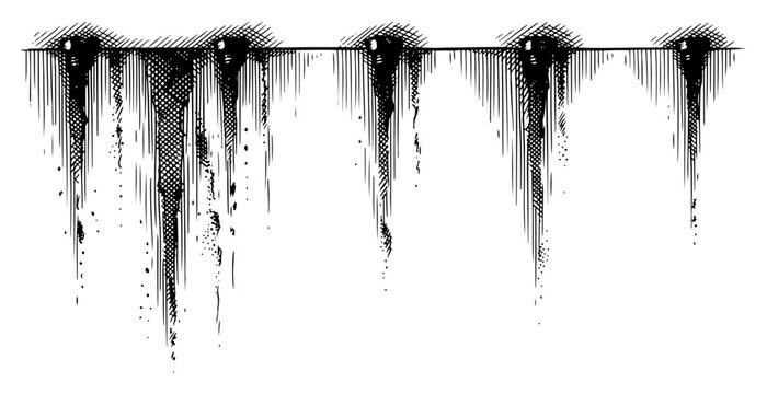 Dripping ink stalactites or melting icicles hanging in dark atmospheric grunge sketch style