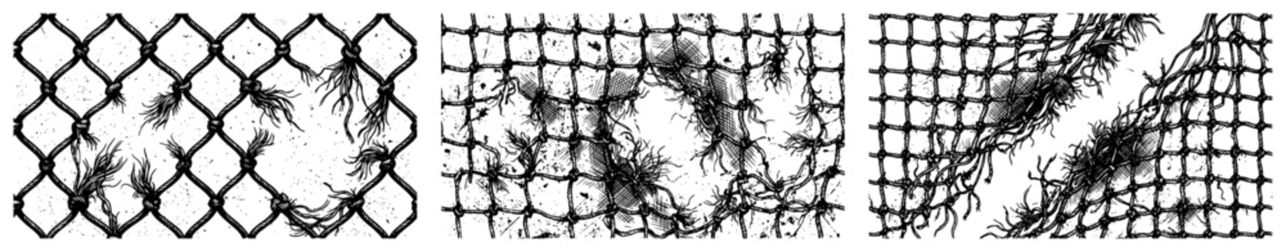 Fishing net textures with tangled seaweed and wire mesh elements