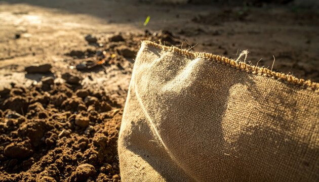 Rough burlap bag with frayed stitching resting on earthy soil surface