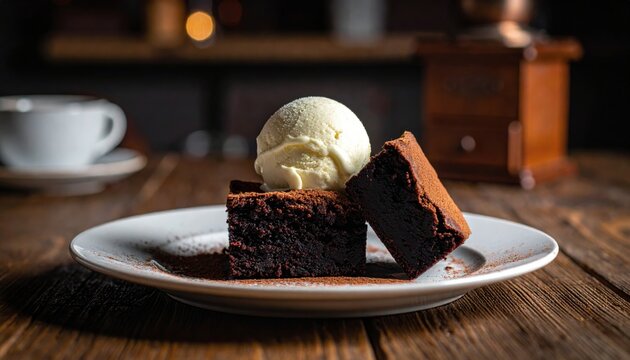 Decadent dark chocolate brownies dusted with cocoa powder served with a creamy scoop of vanilla ice cream on a white plate