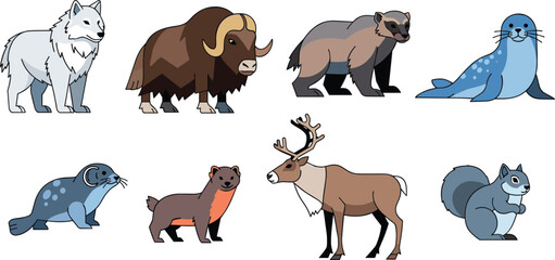 Colorful Vector Set of Arctic and Forest Animals Including Wolf, Bear, Seal, Reindeer, and Squirrel for Wildlife Illustrations © MdSoleman
