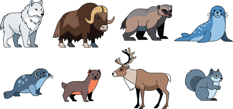 Colorful Vector Set of Arctic and Forest Animals Including Wolf, Bear, Seal, Reindeer, and Squirrel for Wildlife Illustrations