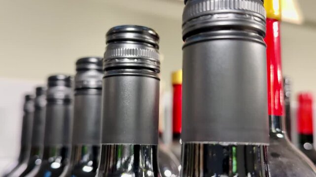 Closeup black wine bottle necks lined, tight supermarket shelf shot featuring screw caps, glossy glass reflections, rows of red.