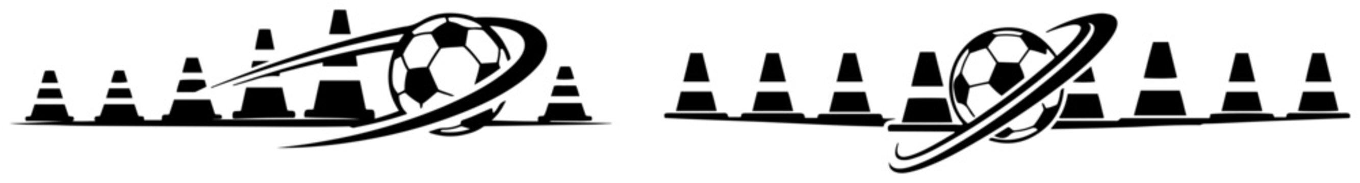 Soccer ball flying through training cones in sports exercise icons style