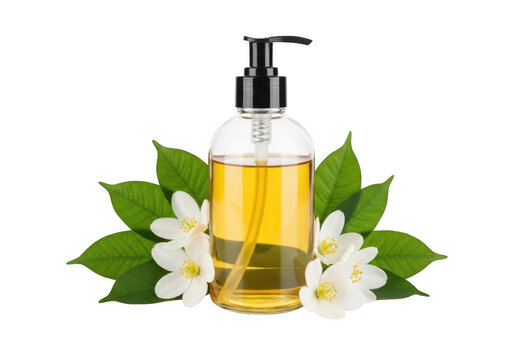 Pump bottle of yellow liquid soap or lotion with white flowers and green leaves isolated on transparent background