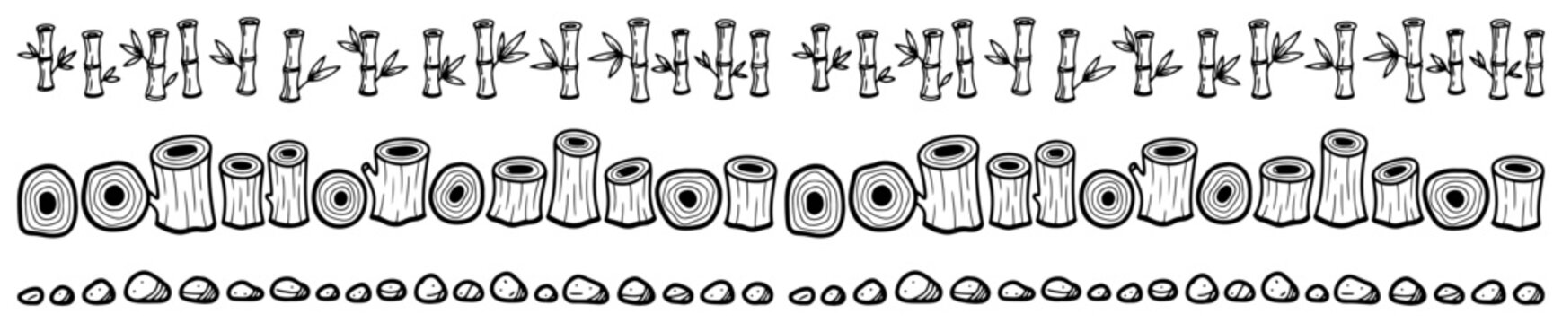 Bamboo stalks tree stumps and stones border collection in line art style