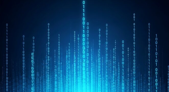 Digital data flow with glowing binary code stream in dark futuristic background