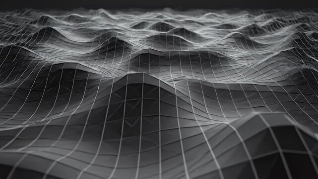 Abstract Digital Landscape Wireframe Grid Flowing Waves Dark Futuristic Background.