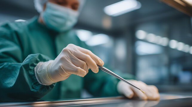 Quality control microbiologist swabs a stainless steel fill nozzle during a line clearance inspection, biosafety cabinet visible behind, cool white laboratory environment with green gown reflections