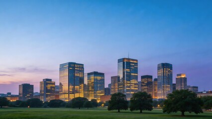 Fototapeta premium City skyline with illuminated buildings at dusk