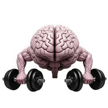 A pink brain is lifting weights on a white background isolated on transparent background