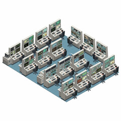 Obraz premium Isometric view of a modern control room with multiple computer consoles and screens.