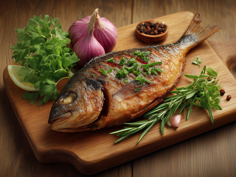 Roasted gilthead bream fish with herbs on wooden board