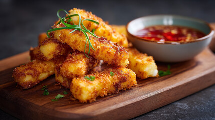 Fototapeta premium Stack of golden fried cheese sticks with a small bowl of dipping sauce and herbs, fried food