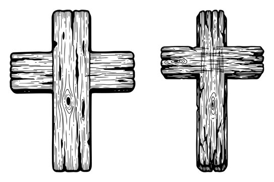 Wooden crosses with detailed wood grain texture in vintage engraving style