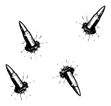 Bullets hitting surface with impact sparks and splinters in hand drawn sketch style