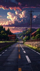Naklejka premium A serene road scene with a colorful sunset and fluffy clouds