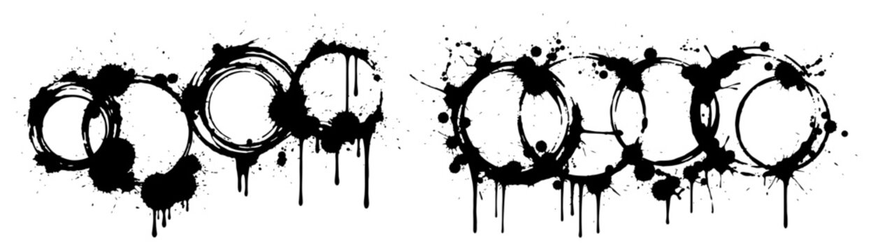 Circular ink ring stains with splatters and drips in grunge style