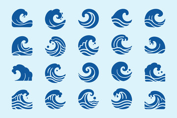 Naklejka premium Abstract ocean wave icon set in minimal flat style. Marine symbols collection perfect for logo, branding, packaging, apps and modern design.