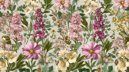 Naklejka premium Garden flowers repeat in a vintage style for spring or summer. Botanical art is in this wedding floral set.