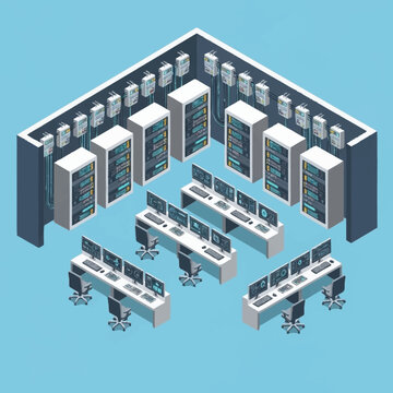 Isometric view of a modern server room with racks, computers, and monitors, representing data center operations.