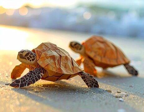 鮮やかな青い折り紙で作られたウミガメ：クリーンな背景に映える日本の伝統工芸をモチーフにしたフォトリアルな3Dレンダリング素材