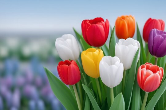 Bouquet of colorful tulips standing in garden. Fresh spring flowers with red yellow white purple orange petals. Nature blooming symbol for Easter holiday and mothers day celebration.