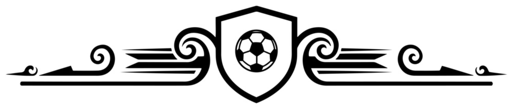 Soccer ball shield with decorative scrolls and speed lines in heraldic divider style