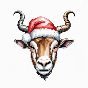Detailed illustration of a horned addax wearing a festive red Santa hat, perfect for winter holiday designs and cheerful seasonal celebrations