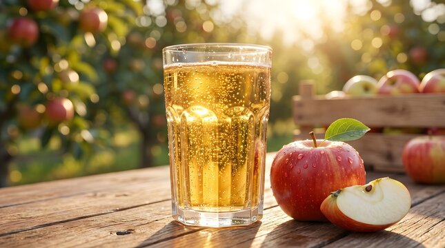 Gelas Jus Apel Segar di Kebun dengan Latar Belakang Bokeh