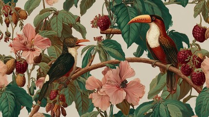 Obraz premium Birds with big beaks fly on cocoa trees. This drawing is a repeating design for cloth and wallpaper.