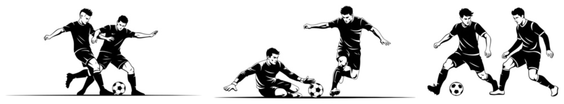 Football players in action during match with tackling and dribbling in silhouette style