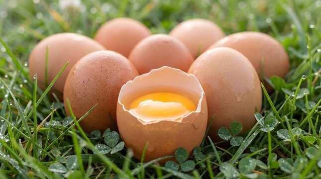 Kumpulan Telur Ayam Cokelat di Padang Rumput Hijau Segar
