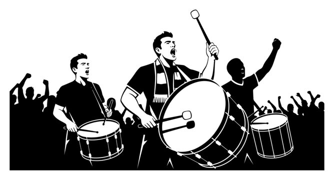 Football fans with drums cheering in stadium crowd in high contrast silhouette style