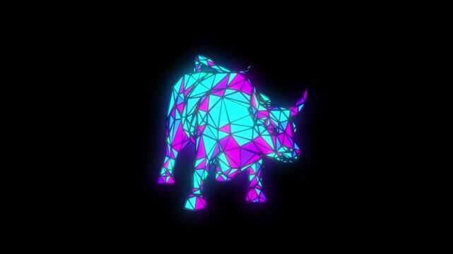 Neon bull composed of glowing geometric shapes.