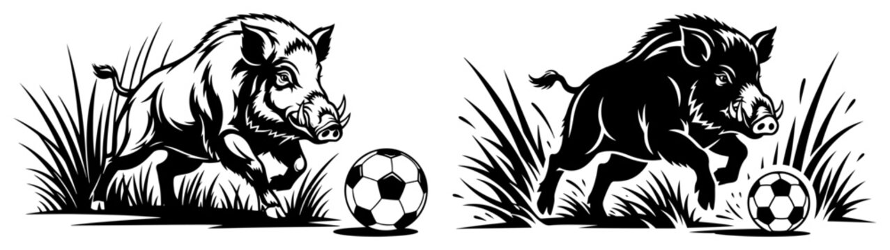Wild boar running through tall grass playing soccer with a ball silhouette style