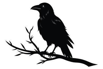 Obraz premium crow setting on a branch silhouette line art vector illustration with a white background