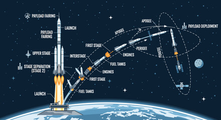 Diagram illustrating the multi-stage process of a rocket launch, from liftoff to payload deployment in Earth orbit. © cemoro