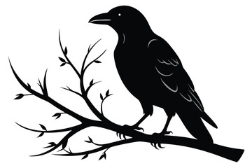 Obraz premium crow setting on a branch silhouette line art vector illustration with a white background