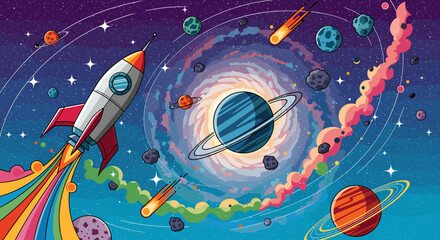 A vibrant, cartoon-style illustration of a rocket blasting off into a colorful galaxy filled with planets, stars, and nebulae. © cemoro