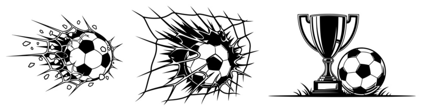 Soccer ball hitting goal net and winner trophy cup sports sketch style
