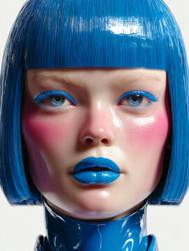 Portrait beaut&eacute; de femme avec carr&eacute; bleu brillant, maquillage rose et bleu, l&egrave;vres bleues, tenue en latex et fond clair, visuel mode, cosm&eacute;tique, couleur et esth&eacute;tique futuriste