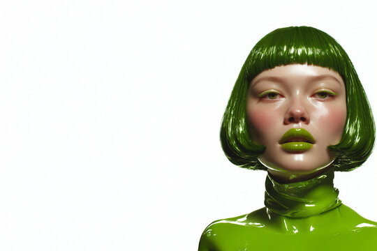 Portrait beaut&eacute; de femme avec carr&eacute; vert brillant, maquillage monochrome, tenue en latex vert et fond clair avec espace n&eacute;gatif copyspace, visuel mode, cosm&eacute;tique, couleur et esth&eacute;tique futuriste