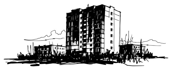 High rise apartment building in desolate urban landscape in hand drawn ink sketch style © Katarzyna