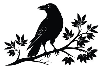 Obraz premium crow setting on a branch silhouette line art vector illustration with a white background