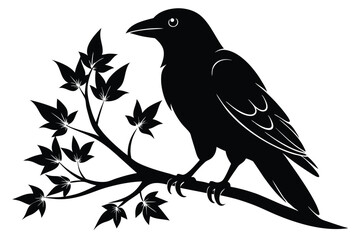 Obraz premium crow setting on a branch silhouette line art vector illustration with a white background
