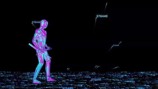 Neon figure mines digital currency with glowing pickaxe.